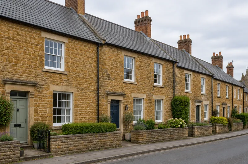 Roofer in Banbury: illustration of a row of golden ironstone terraced houses with slate roofs and brick chimneys